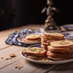 Crab boil crostini on a blue and white plate with other blue and white saucers in the background. All of this is resting on a natural wood colored tabletop. A gold candlestick is in the background.